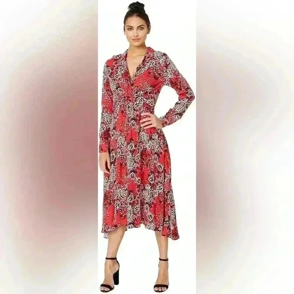 Free People Tough Love Red White Black Abstract Floral Shirtdress Womens Size 6
